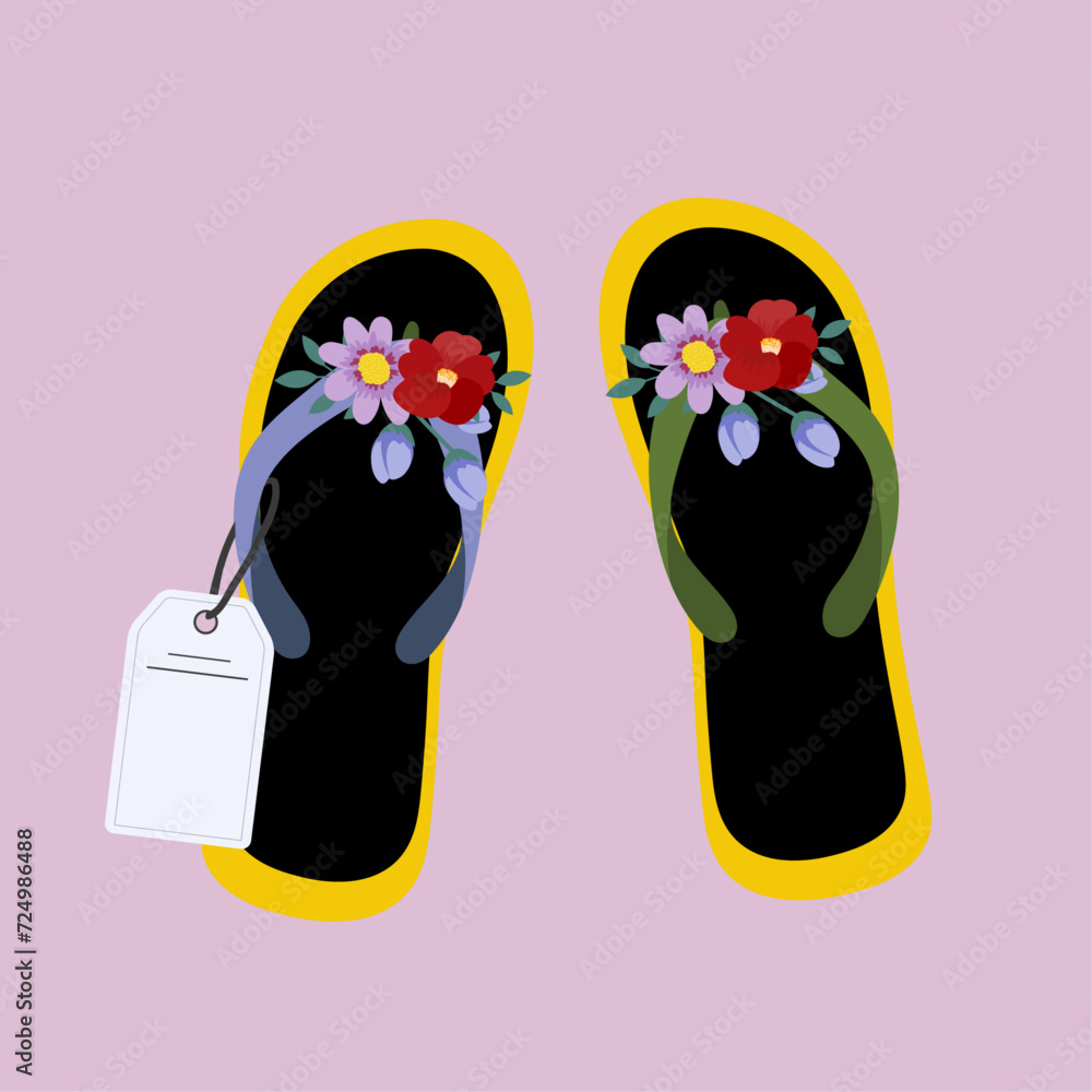 Flat Design Illustration with Flip Flops at Flowers, Sale Tag Flat Design Illustration with Flip Flops at Flowers, Sale Tag