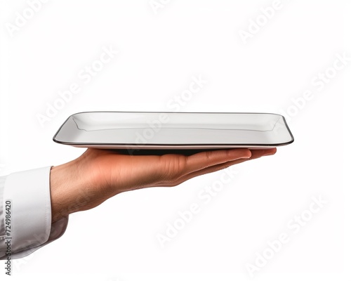 Hand holding an empty plate or tray isolated on white background, for food or product display mock up.