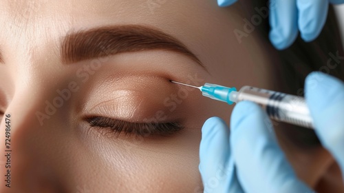 Cosmetologist makes rejuvenating anti wrinkle injections on the eye corner area of a beautiful woman. Female aesthetic cosmetology in a beauty salon.