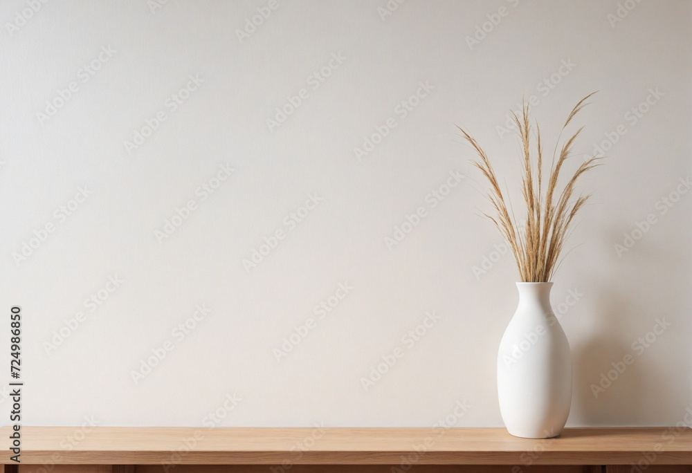 White ceramic vase with dried grass on wooden surface. Minimalist Scandinavian design with empty wall for text. - obrazy, fototapety, plakaty 