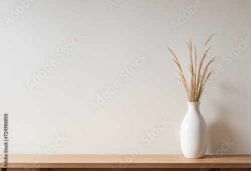 White ceramic vase with dried grass on wooden surface. Minimalist Scandinavian design with empty wall for text.