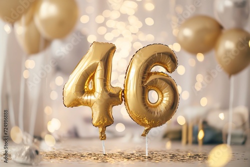 46. Geburtstag, "46" aus goldenen Heliumballons, festlicher Hintergrund