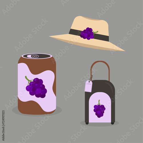 Flat Design Grape Illustration with Hat, Valise, Sale Tag, Juice