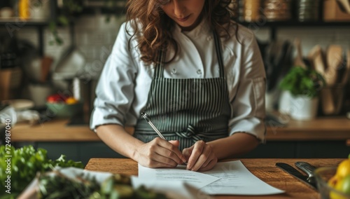 young woman in apron making notes while cooking in kitchen