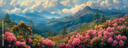 Flourishing rhododendron amidst the lofty mountains surpassing the veil of clouds Captivating wall