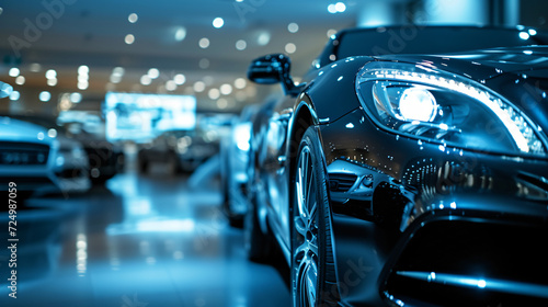 A luxury car showroom featuring the latest models under dramatic lighting. © Kent