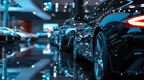 A luxury car showroom featuring the latest models under dramatic lighting. © Kent
