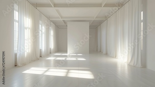 In this photograph a white room is captured with a white wall white floor and a white curtain