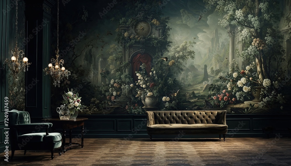 Room with furniture in it and a mural on the wall, in the style of dark and moody landscapes, baroque grandiosity, tranquil gardenscapes, landscape-focused, flower and nature motifs