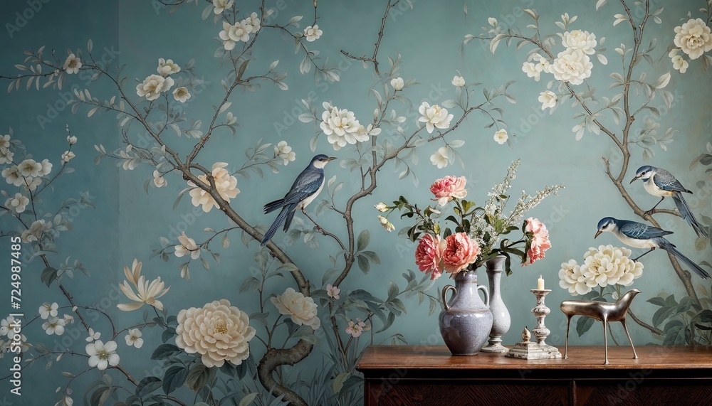 Living room wallpapers in the style of birds & flowers, hand-painted details, poetic and atmospheric style, light teal, and realistic still lifes with dramatic lighting. Flower vase and entrance table