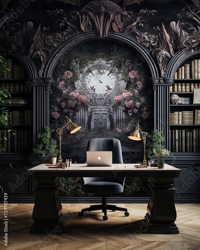 desk with a wall mural and a clock in a home office, in the style of baroque chiaroscuro drama, vray tracing, nature-inspired, multi-layered, studyblr, detailed world-building, rococo-inspired
