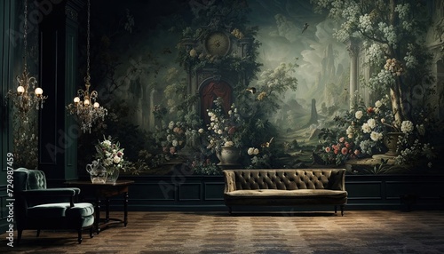 Room with furniture in it and a mural on the wall, in the style of dark and moody landscapes, baroque grandiosity, tranquil gardenscapes, landscape-focused, flower and nature motifs photo