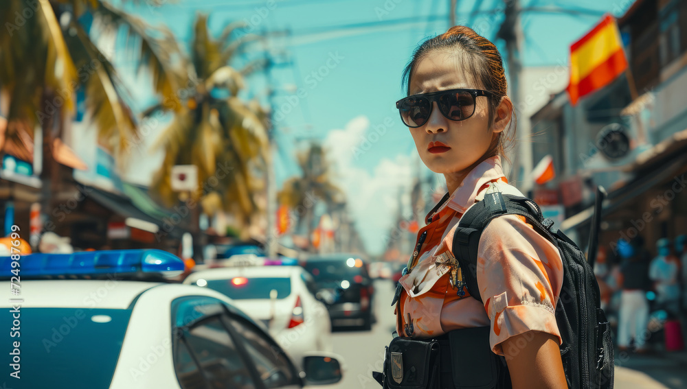 Policewoman with backpack standing by patrol car on busy street Policewoman with backpack standing by patrol car on busy street