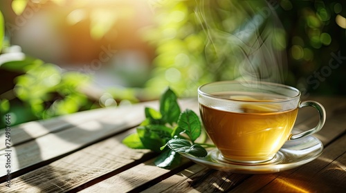 cup of green tea on a wooden table with a leaf and natural background.