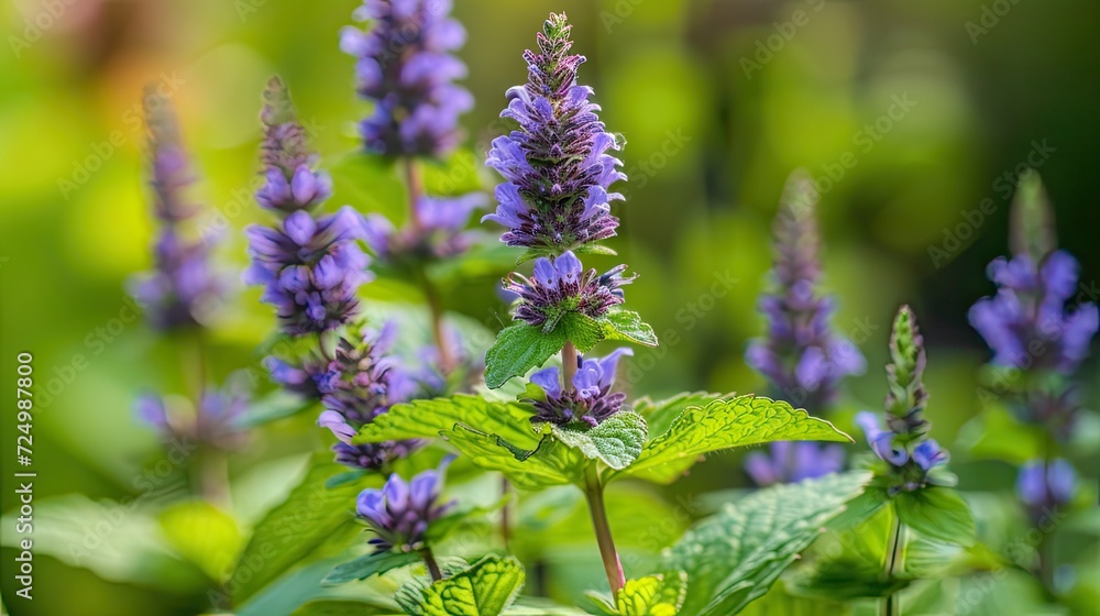 mint, with selective focus on its vibrant purple-blue flowers blooming in a garden, aromatic herb within the mint family against a backdrop of lush greenery, a mesmerizing nature floral background. mint, with selective focus on its vibrant purple-blue flowers blooming in a garden, aromatic herb within the mint family against a backdrop of lush greenery, a mesmerizing nature floral background.