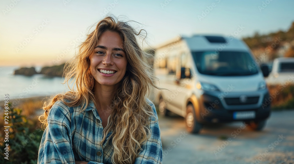 Happy young woman with camper van at seaside Generative AI image Happy young woman with camper van at seaside Generative AI image