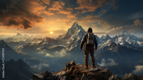 A hiker standing triumphantly on a mountain summit, capturing the spirit of adventure and accomplishment in outdoor exploration.