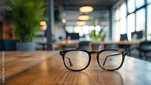 brown glasses on a wooden table in an office setting, conveying the concept of relaxation and eye protection during work breaks