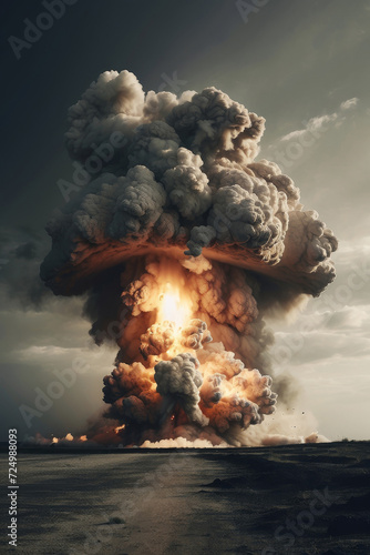 Nuclear explosion of bomb. Catastrophe, disaster and danger with attack and mushroom cloud