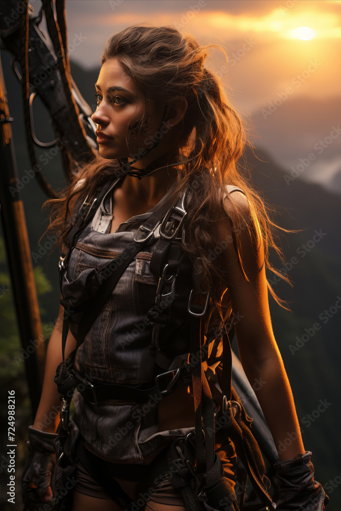 A young woman in climbing equipment standing before climbing.