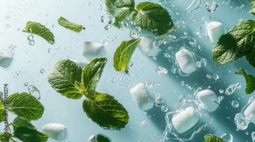 fresh mint leaves and chewing gum pads gracefully falling against a light blue background  evoking a sense of freshness and invigoration  creating a visually striking scene.