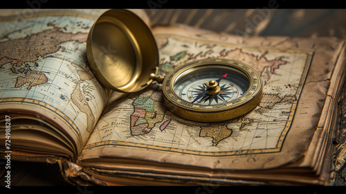 An ancient atlas open to a page showing countries and continents, accompanied by a classic compass, symbolizing the era of discovery and the adventurous spirit of globetrotters photo