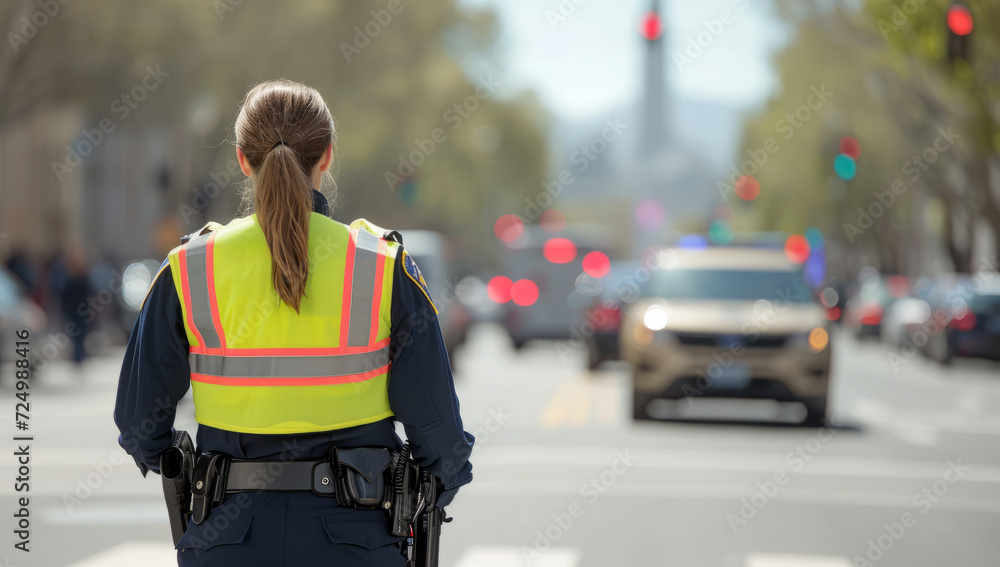Female security guard on the road Female security guard on the road
