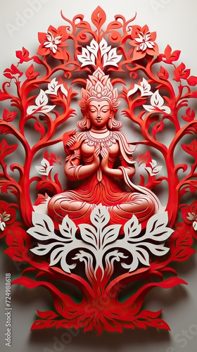 A three-dimensional red cutout artwork of a meditating deity, surrounded by intricate foliage patterns