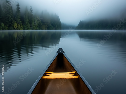 a wooden Boat stand in a lake, a fogy day, winter vibes, landscape background 