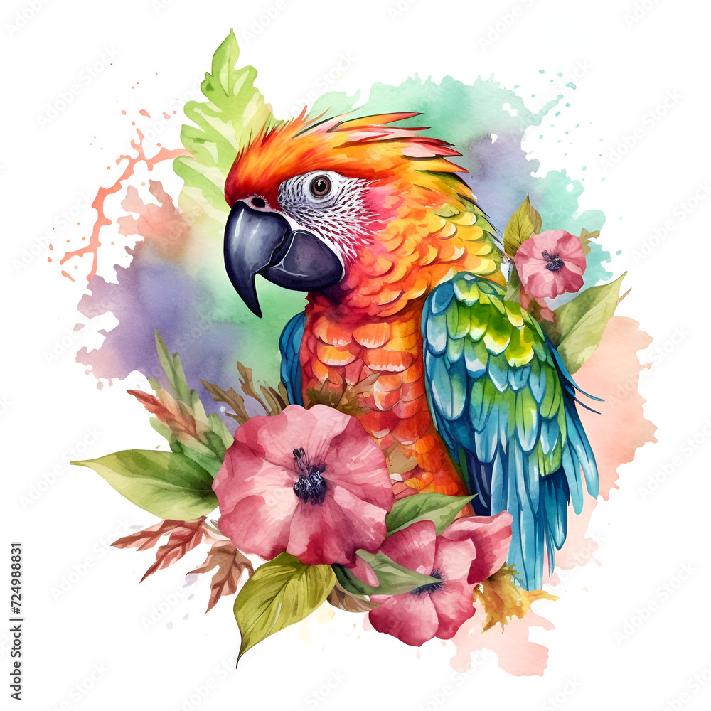 Fototapeta premium Parrot Watercolor Clipart, Colorfull Parrot Design, ai generative
