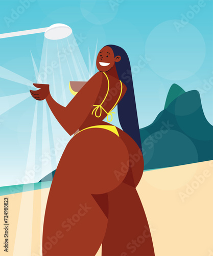 Beautiful woman taking a shower on the beach in Rio  - flat character - vector illustration – linear illustration