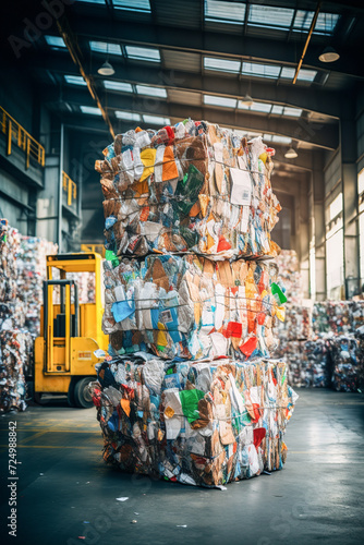 Giant bale of compressed recyclable materials in a warehouse Generative AI image photo