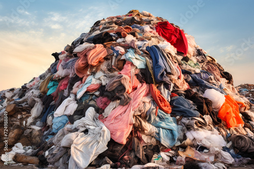 Mountain of discarded clothing at a landfill Generative AI image photo