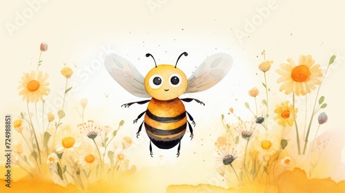 A bee on a flower  illustrated in a child-friendly way. --ar 16 9 --v 5.2 Job ID  2a439358-8618-4397-a29c-59f8755f20a8