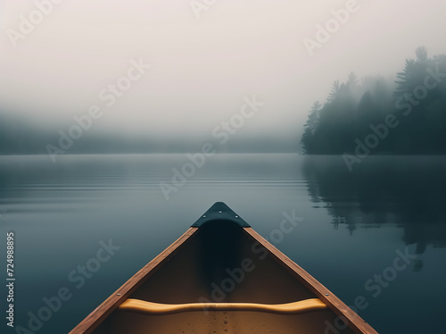 a wooden Boat stand in a lake, a fogy day, winter vibes, landscape background 