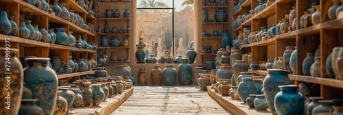 Egyptian shop dishes jugs, bowls. Ceramic antique amphoras with patterns set. Ancient Egypt pottery with ornament. Сollection of Ancient Egypt vases. photo