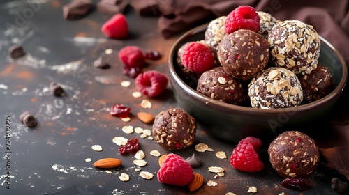 Homemade chocolate truffles with fresh raspberries and almonds. photo