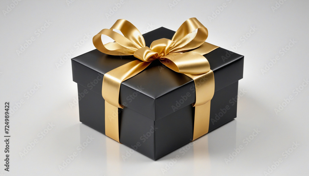 Elegant Black Gift Box with Gold Ribbon on White Background Elegant Black Gift Box with Gold Ribbon on White Background