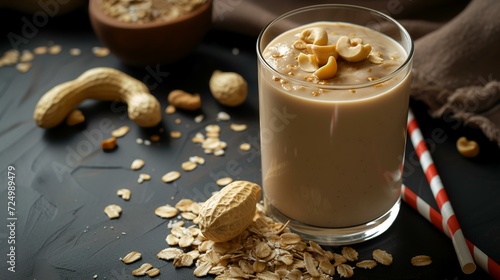 Healthy breakfast with oat milk and nuts on a black background photo
