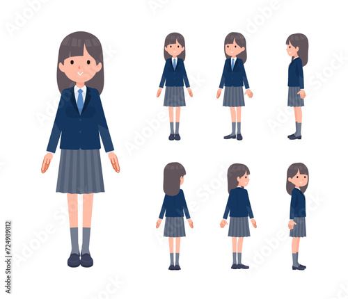 立っている紺ブレザー女子学生のセット