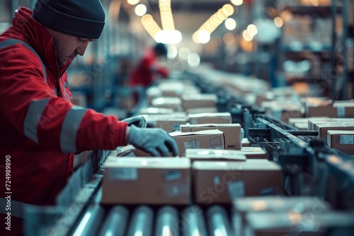 Worker in uniform checking packages on conveyor belt in warehouse. Cardboard boxes on conveyor rollers ready to be shipped for distribution.