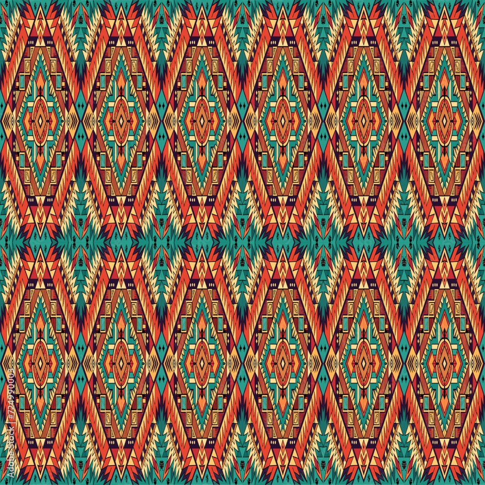 Seamless African pattern. Ethnic carpet with chevrons. Tribal vector ornament. Aztec style. Geometric mosaic on the tile, majolica. Ancient interior. Modern rug. Geo print on textile. Kente Cloth. Seamless African pattern. Ethnic carpet with chevrons. Tribal vector ornament. Aztec style. Geometric mosaic on the tile, majolica. Ancient interior. Modern rug. Geo print on textile. Kente Cloth.