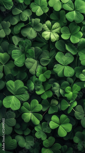 Lush field of clover leaves, rich in various shades of green, perfect for St. Patrick's Day themes.