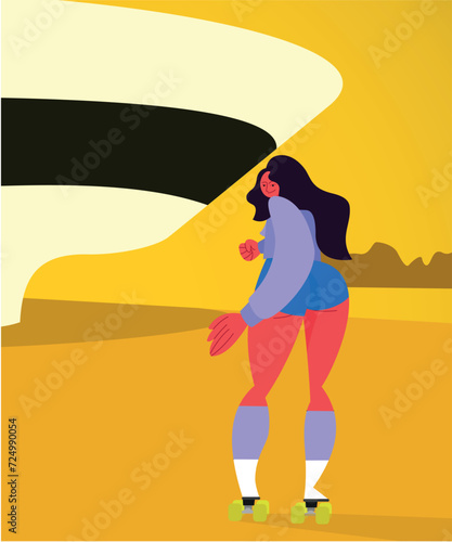 woman skating at mac museum sunset - flat character - vector illustration – linear illustration