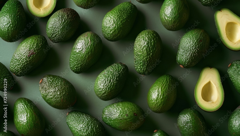Avocado pattern on a green background. Top view. Flat lay. Avocado pattern on a green background. Top view. Flat lay.