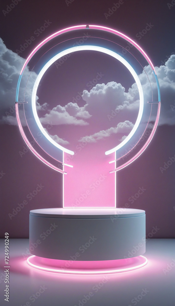 Dreamlike Product Display Stand with Glowing Circle and Clouds. Ethereal Glow Above Foggy Platform. Dreamlike Product Display Stand with Glowing Circle and Clouds. Ethereal Glow Above Foggy Platform.