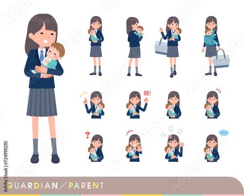 赤ちゃんの保護・世話をする紺ブレザー女子学生のセット