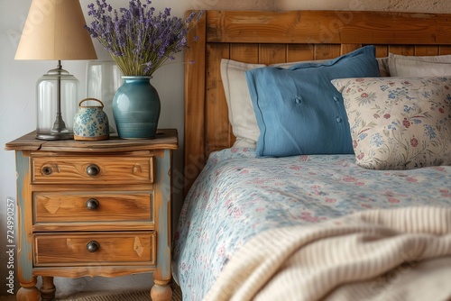 Capture the essence of farmhouse charm with vintage bedside nightstand near wooden bed. Explore country and Provence interior design for modern bedroom inspiration.