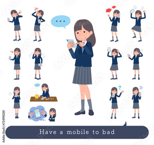 スマホを使って不幸せな紺ブレザー女子学生のセット