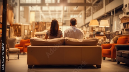 Positive family couple choosing new sofa and sitting in the furniture shop